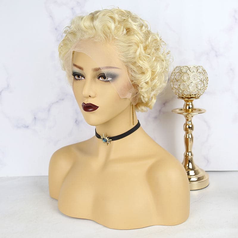 613 blonde short water wave full lace bob wig one side