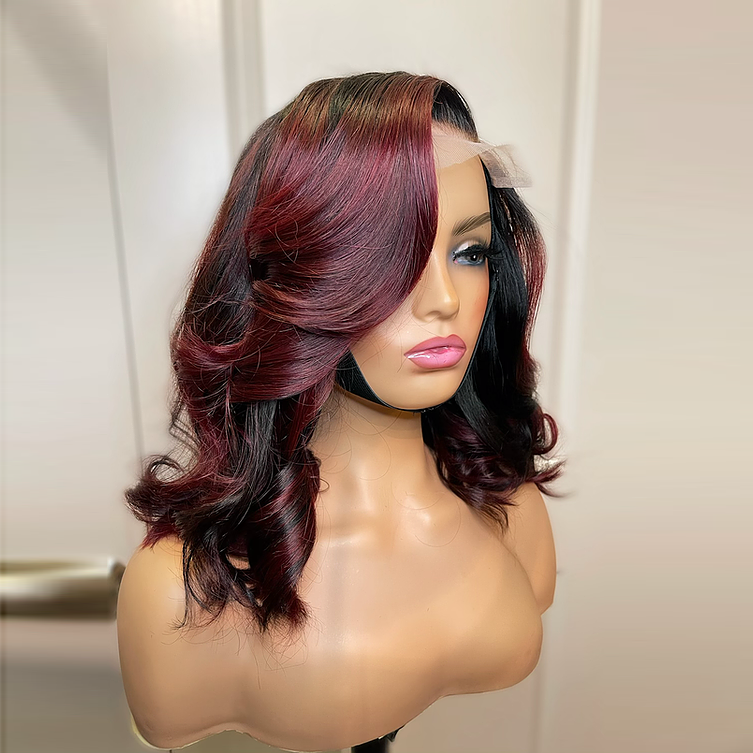 red highlighted 5x5 lace closure bob wig body wave human hair